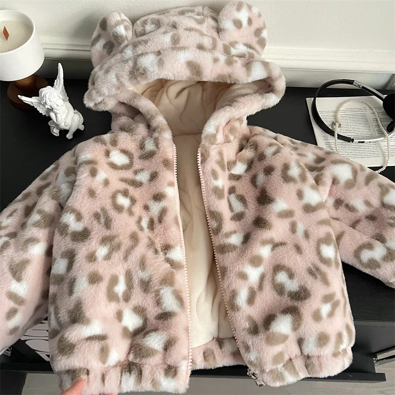 Children\'s Coats Leopard Print and Fleece Hooded Coat Padded Girls\' Outerwear Baby Girl Winter Clothes Baby Girl Jacket