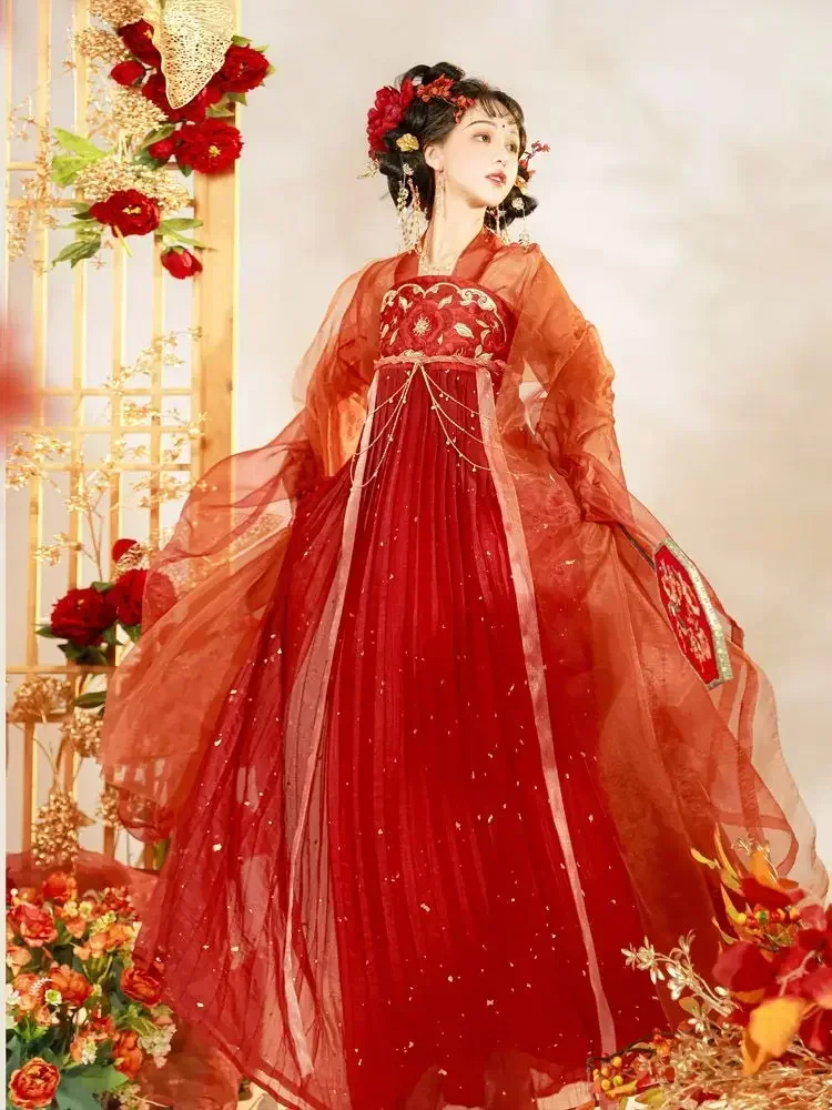 Nuovo vestito tradizionale cinese Tang Dynasty Big Sleeve Red Wedding Hanfu femminile fata gonna petto-lunghezza Han Element Summer Set