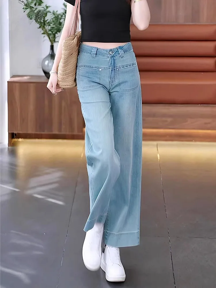 Light blue high-waisted jeans for women Spring and autumn small man loose draping straight leg pants nine points wide leg pants