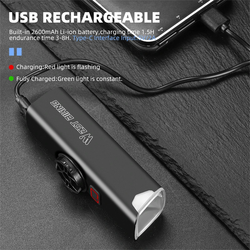 WEST BIKING 2600mAh Bike Front Light IP65 Waterproof Type-c Rechargeable Light 1000LM Cycling Headlight MTB Bike LED Flashlight