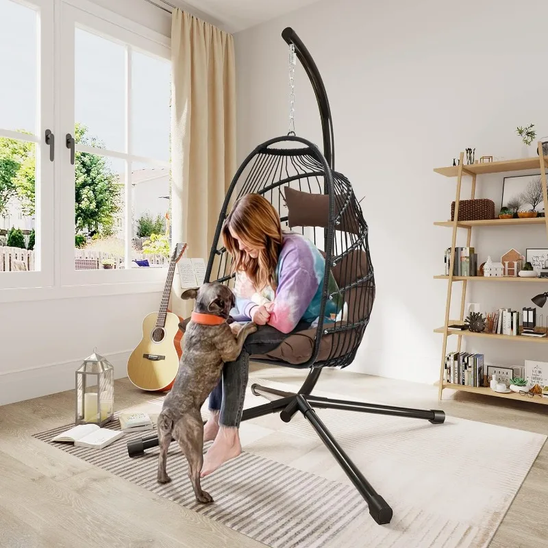 

Hanging Egg Swing Chair Outdoor Wicker Hammock Chairs Indoor with Steel Stand UV Resistant Cushion 350lbs