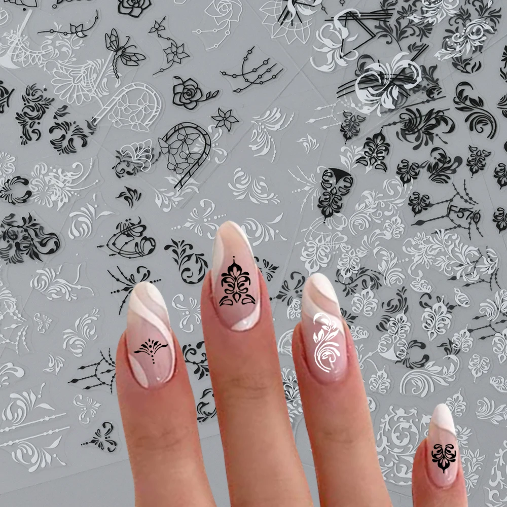 6pcs/Set Black White Lace Flowers Nail Sticker Geometric Line Painting Floral Leaves Charms Decals Retro Sliders Manicure Foils