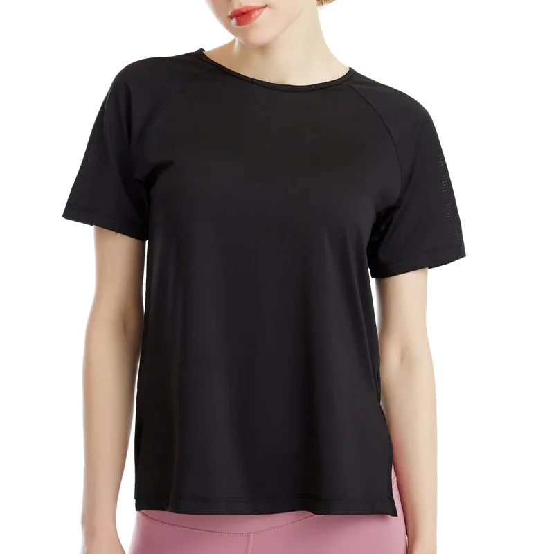 Oddychająca koszulki do jogi szybkoschnący siateczka z krótkim rękawem T-shirt do biegania Top do jogi do ćwiczeń odzież sportowa luźna koszulki Fitness Top sportowy — zdjęcie 6