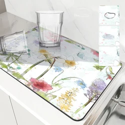 Coffee Mat Plants and Flowers Absorbent Draining Dish Drying Mat Dry Bathroom Tableware Hide Stain Rubber Backed Absorbent Mat