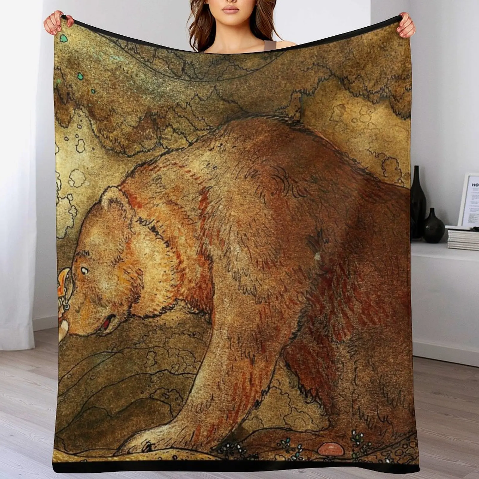 

She kissed the bear on the nose - John Bauer 1907 Throw Blanket Soft Warm Blanket Gift for Grandparents