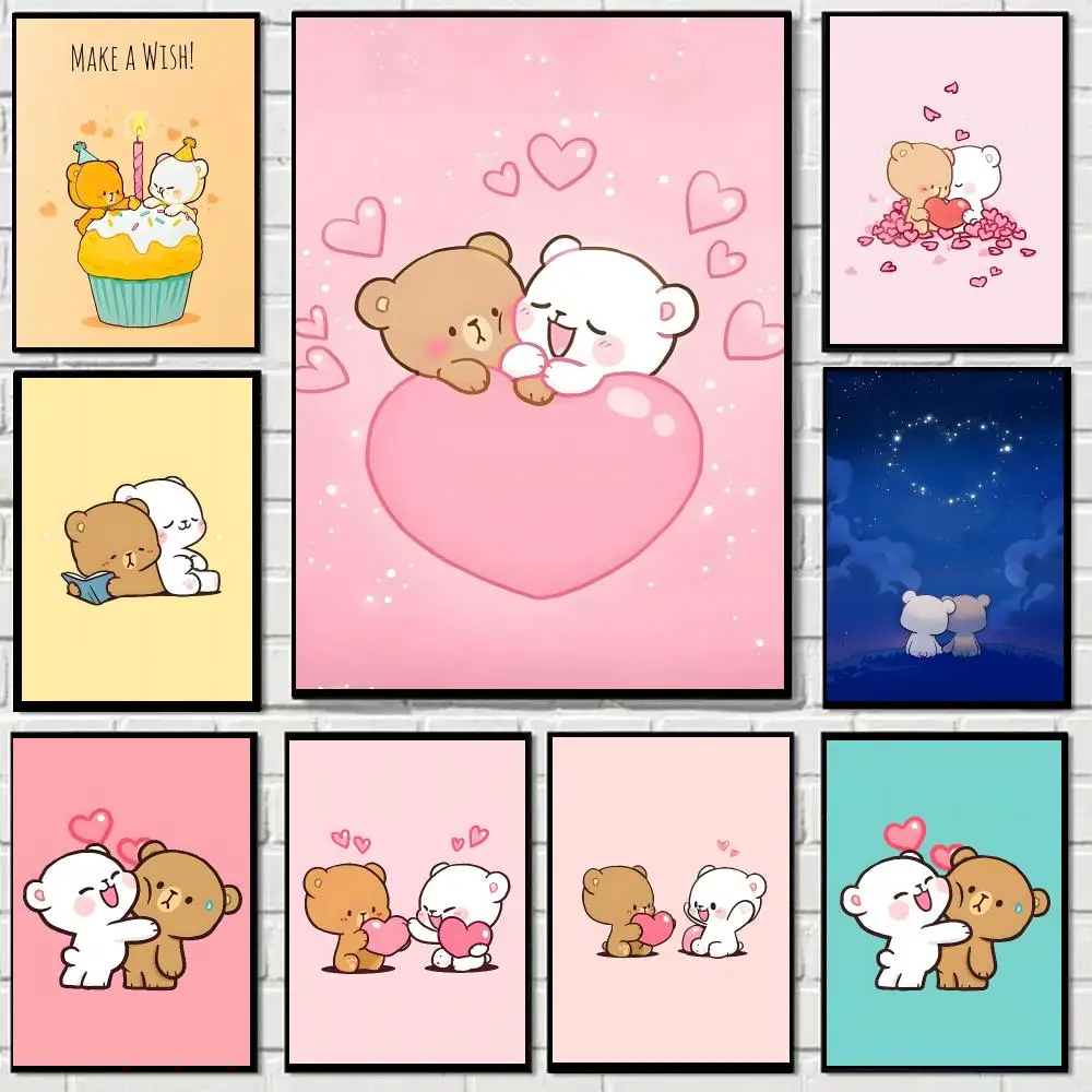 Cartoon Milk And Mocha Poster Self-adhesive Decal Living Room Bedroom Party Bar Decor Moisture-proof Fade-resistant