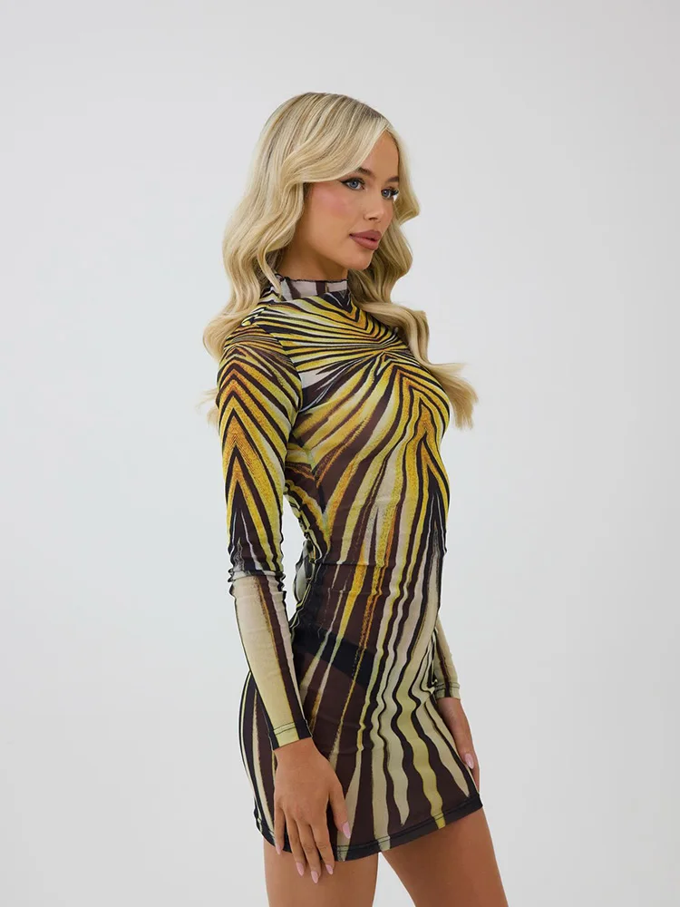 Ahagaga Sexy Club Mini abiti da donna Stampa Dolcevita Regular Maniche lunghe Guaina Sheer Slim Fit Causale Streetwear Abiti