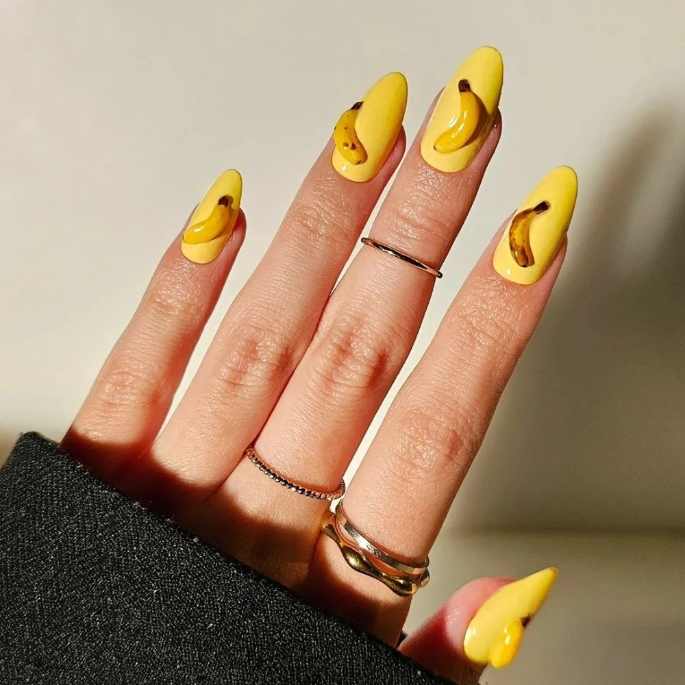 2024 New Handmade Manicure Medium Almond Fake Nails Cute 3D Banana Nails Press On Nails Design with Adhesive Nail File Set