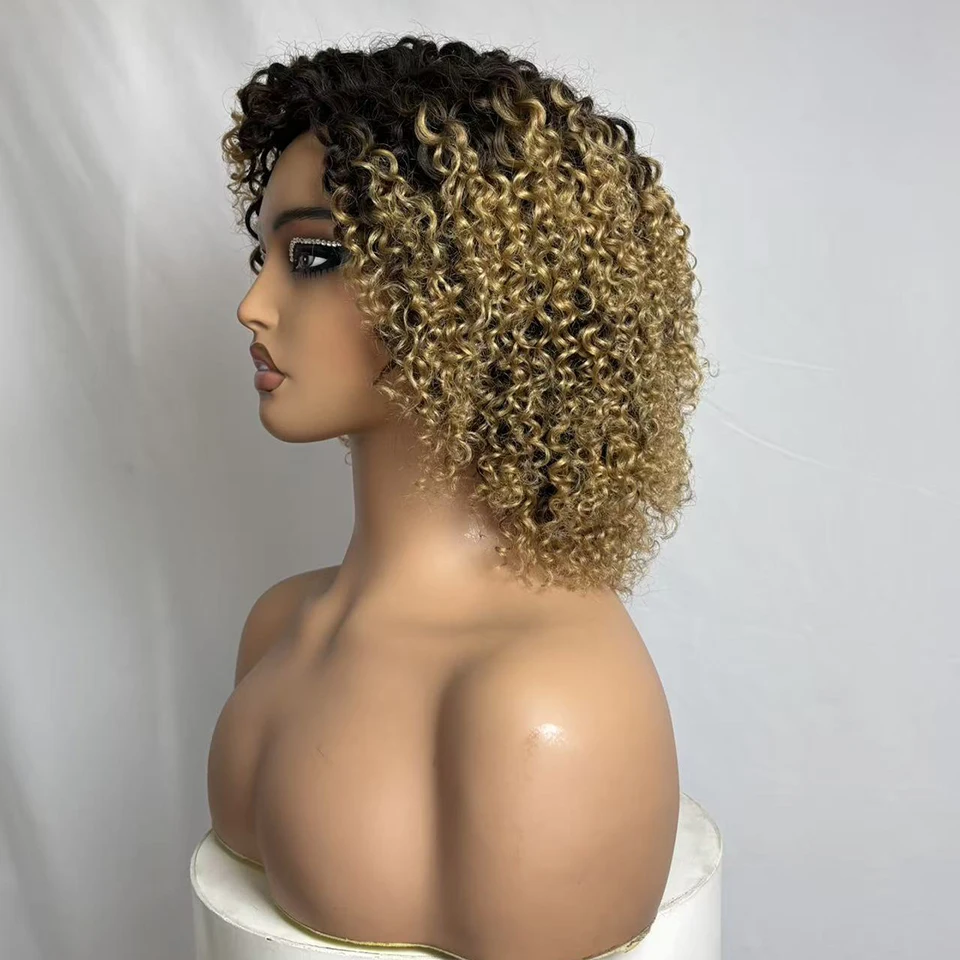 

245gram Colored Short Curly Wig Brazilian Afro Curly 100% Human Hair Wigs For Women T1B/27 Non Lace Machine Made Wig For Women