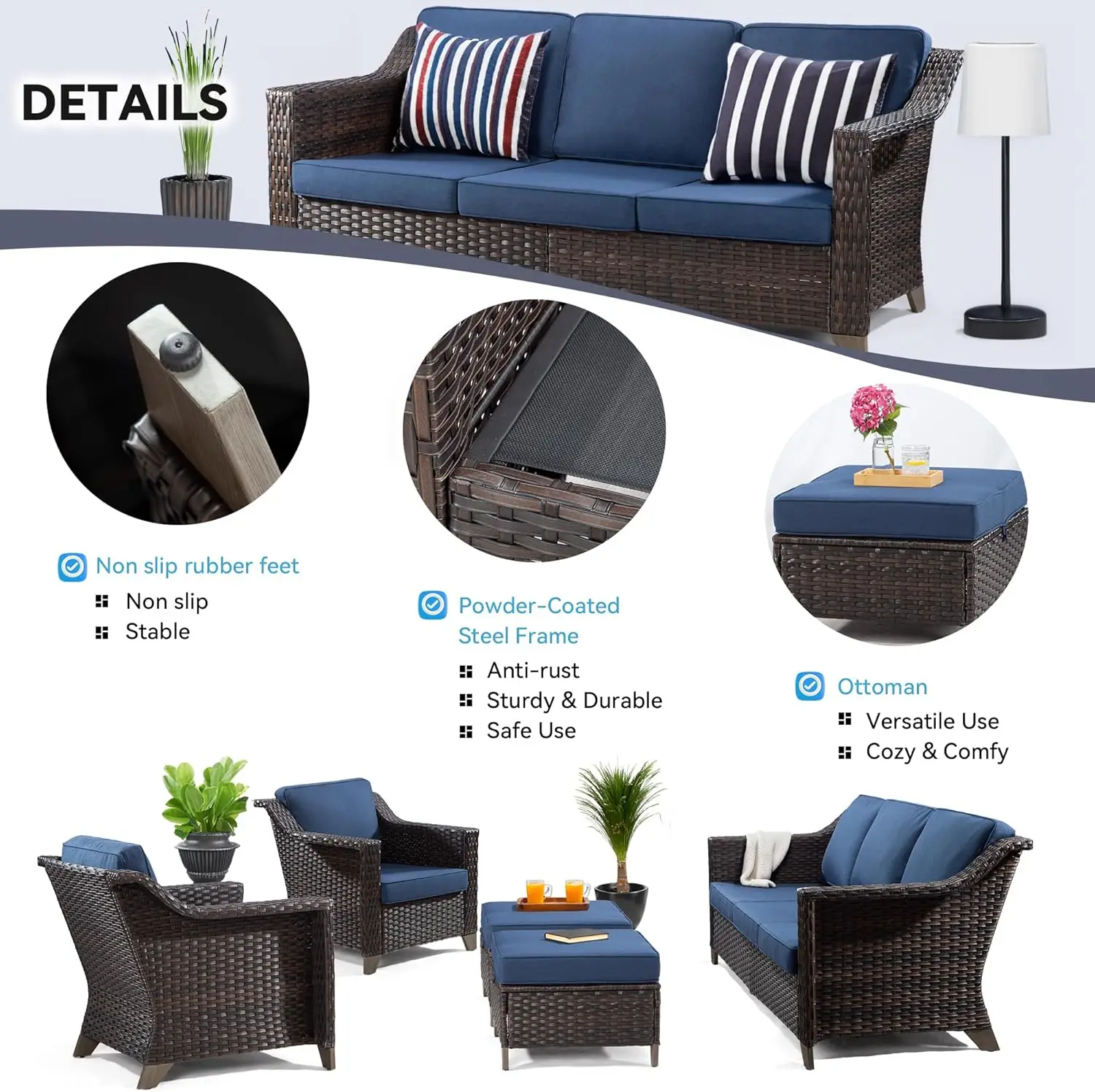Patio Furniture Set All Weather Outdoor with High Back Wicker Rattan Sofa Couch, Two Armchairs and Two Ottomans