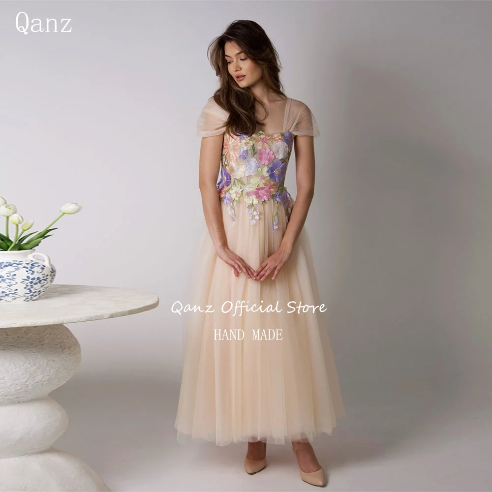 

Qanz Champagne Tulle Elegant Prom Dresses Cap Sleeeves Long A Line Vestidos de gala 3D Flowers Women Evening Gowns Customized