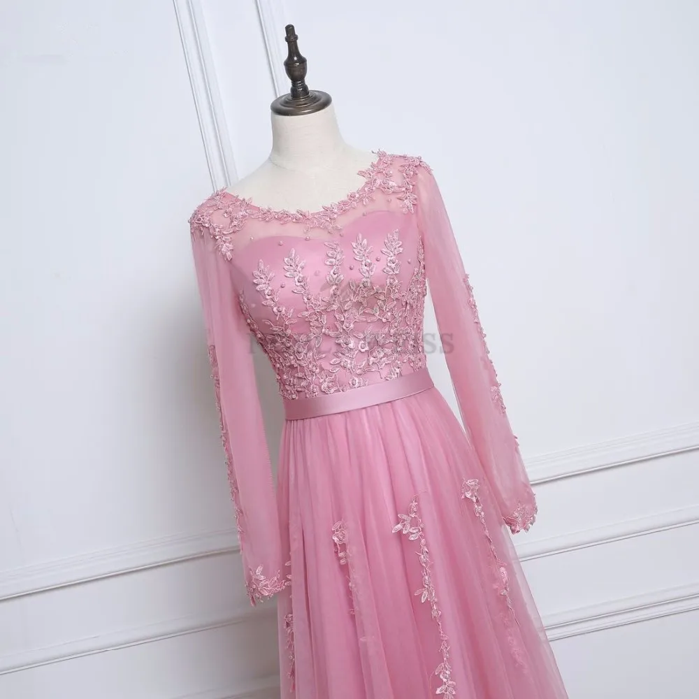 ロング A ライン イブニング ドレス O ネック アップリケ ビーズ プロム パーティー ドレス 長袖 カスタマイズ