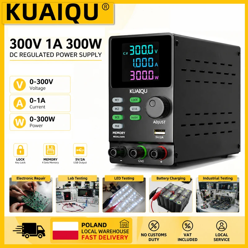 KUAIQU 300V 1A 300W DC-Netzteil 30V 10A 200V Einstellbares Labor-Labornetzteil mit LCD-Anzeige, Speicher und USB für Elektronische Tests
