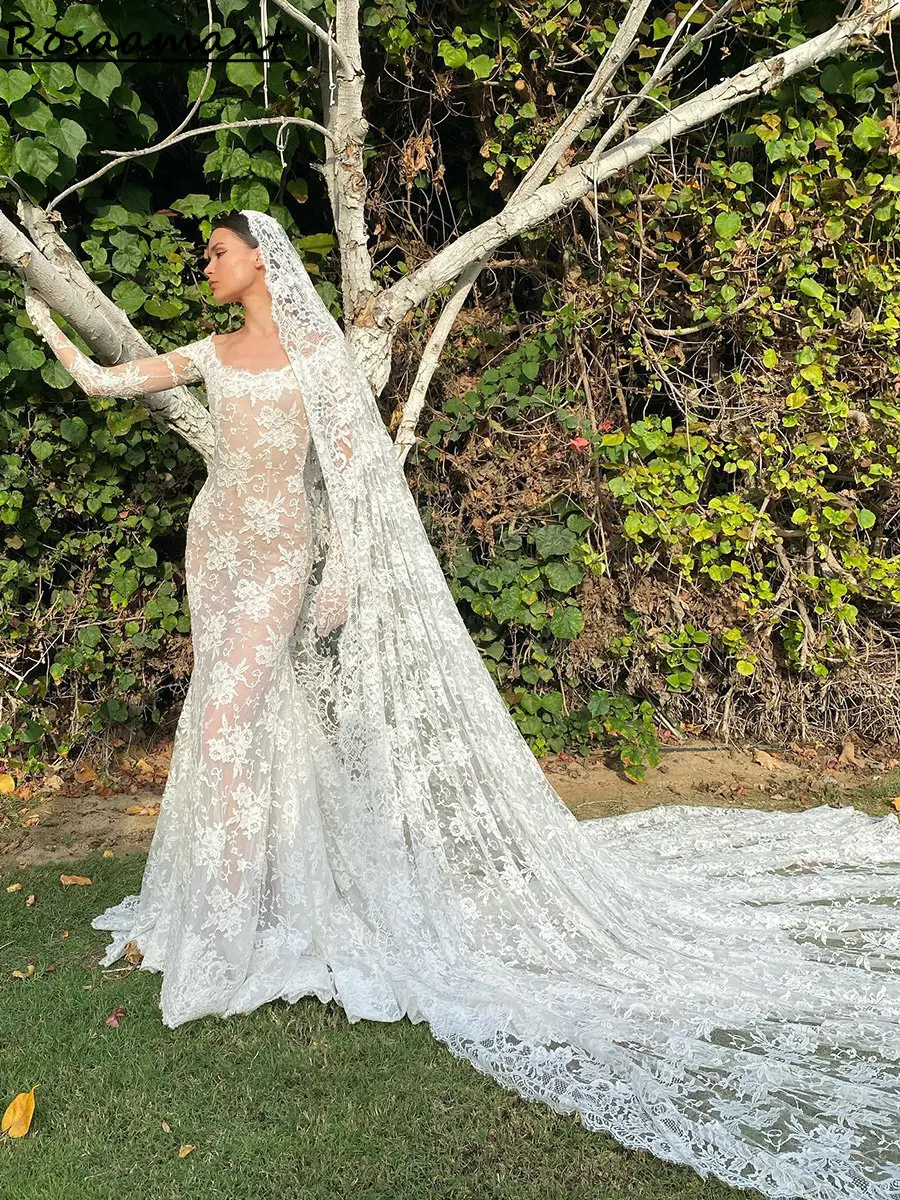 Vestidos de novia de sirena con hombros descubiertos, apliques florales, vestidos de novia de encaje, ilusión Bohemia