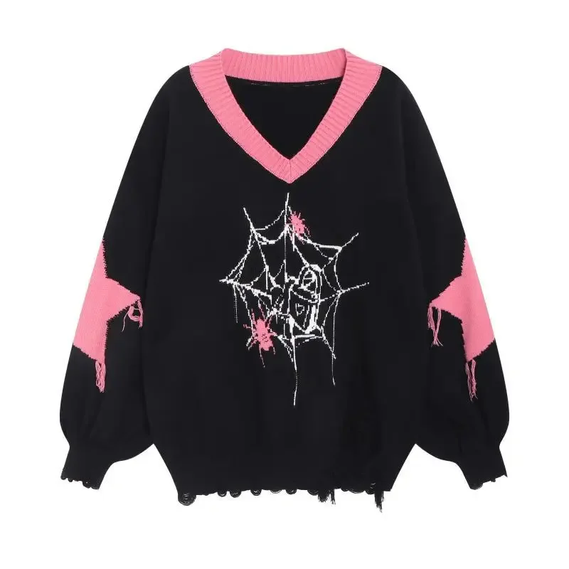 Autumn Winter New 2023 Loose Casual Women Vintage Print Y2k Star Tassel Knitted Sweaters Contrast Color Grunge V Neck Pullovers