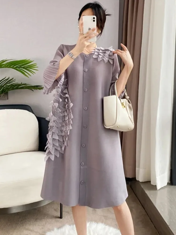 LANMREM Long Flare Sleeves Pleated Dress High End Flower Decoration Single Breasted Dresses Ladies Elegant Clothes 2DA1750