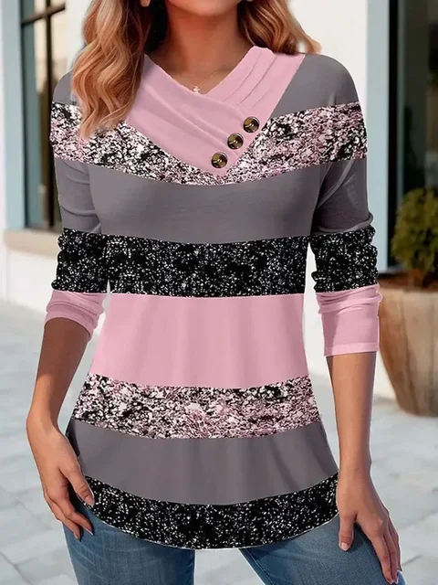Jesień w paski kolorowy sweter sweter damski moda codzienna wąskie koszulki T-Shirt z długim rękawem v guzik na szyję bluzki damskie bluzka