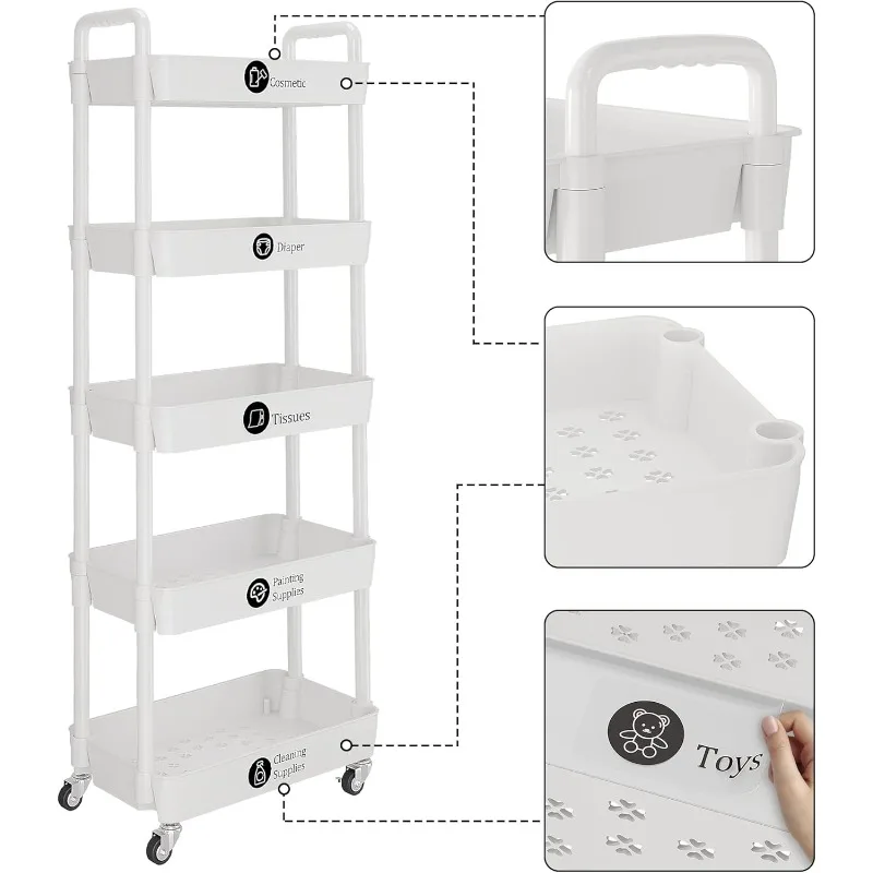 5-Tier Rolling Utility Cart with 12 Category Labels,Multifunctional Storage Shelves with Handle and Lockable Wheels