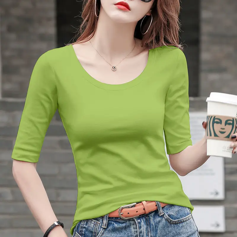 MRMT 2025 العلامة التجارية الجديدة المرأة الأبيض منتصف كم تي شيرت المرأة الخامس كم قاع قميص مع نصف كم ضيق بلوزات مستديرة العنق