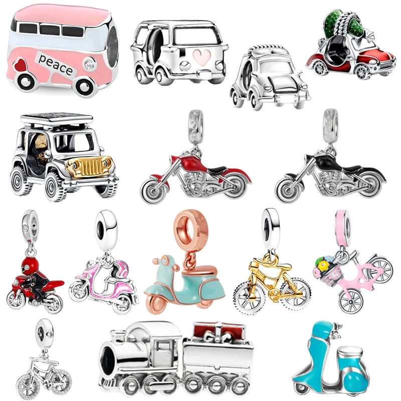 New Electric Car Bus Motorcycle Bicycle Jeep Train Charm Beads Fit Original European 925 Silver Bracelet DIY Women Jewelry Gifts