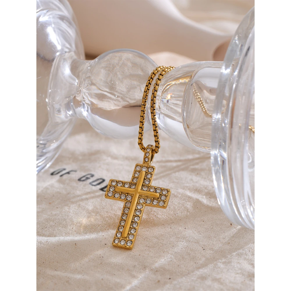 Yhpup 316L Cubic Zirconia Cross Necklace Pendant 18K Gold Color Plated Stainless Steel Fashion Classic Unisex Jewelry Men Women