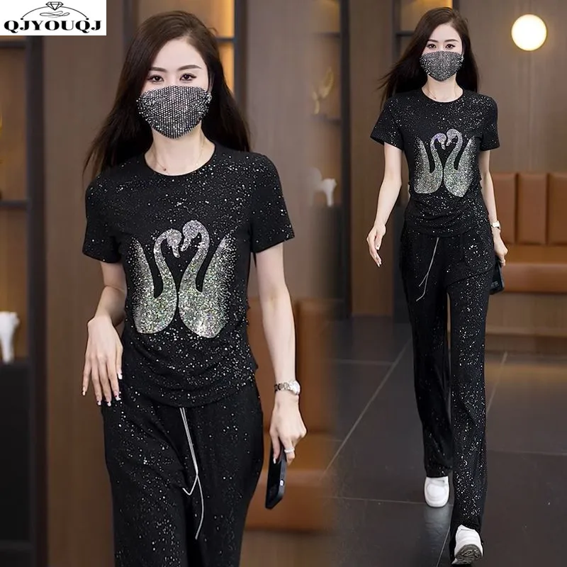 

2025 New Hot Diamond Summer Women's Set Fashion Slim Short Sleeve+Fashionable Wide Leg Pants Two Piece Set