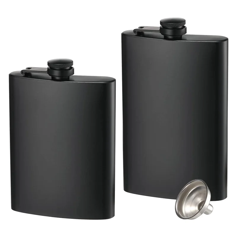 2 Pack Hip Flasks for Liquor, 8 Oz Stainless Steel Leakproof Thin Flasks with Funnel for Men & Women (Matte Black)