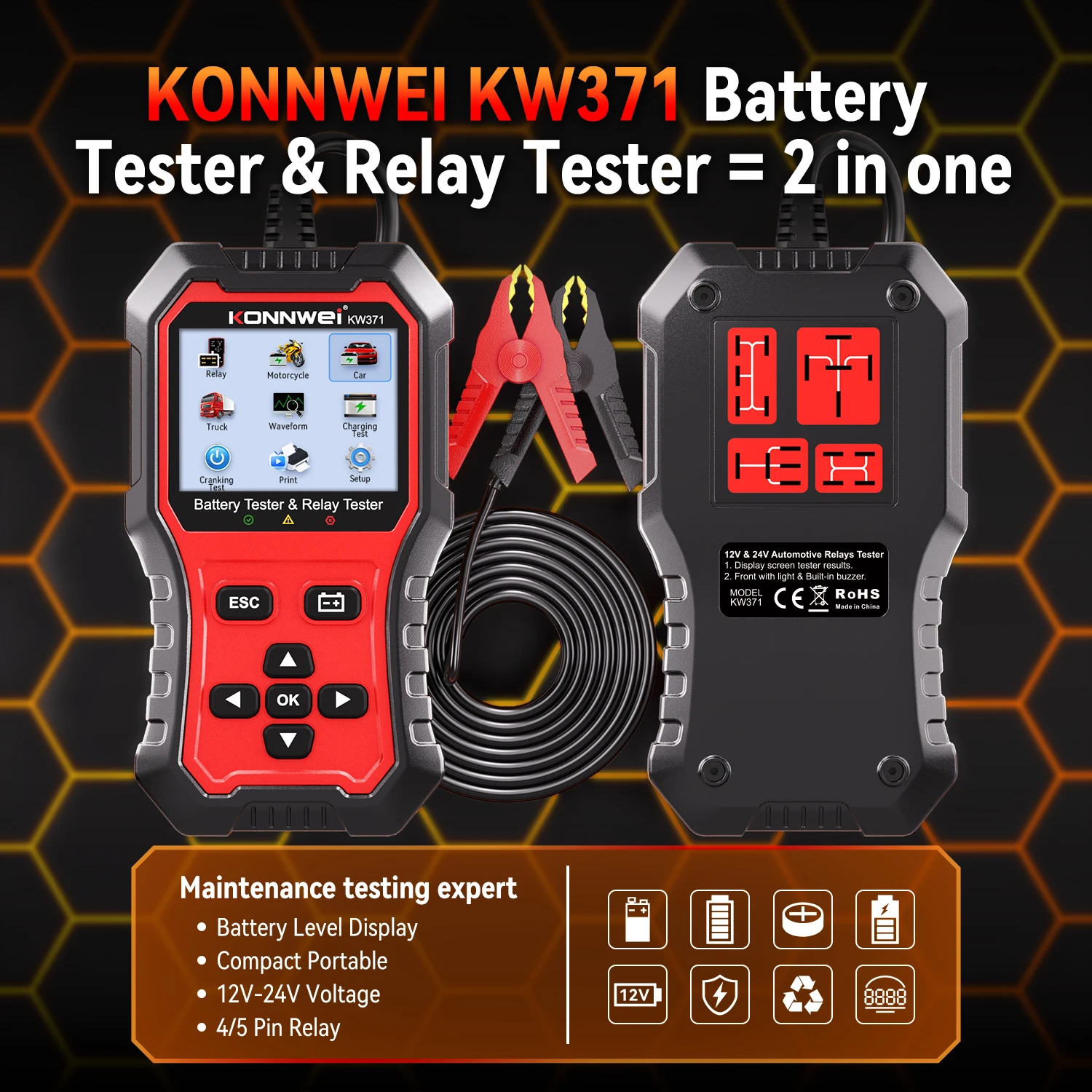 Picture 5: 2026 KONNWEI KW371 2in1 Car Battery Tester & 4 Pin 5 Pin Relay Tester 6V 12V 24V Fault Data Print Start Test Charging Scan Tool
