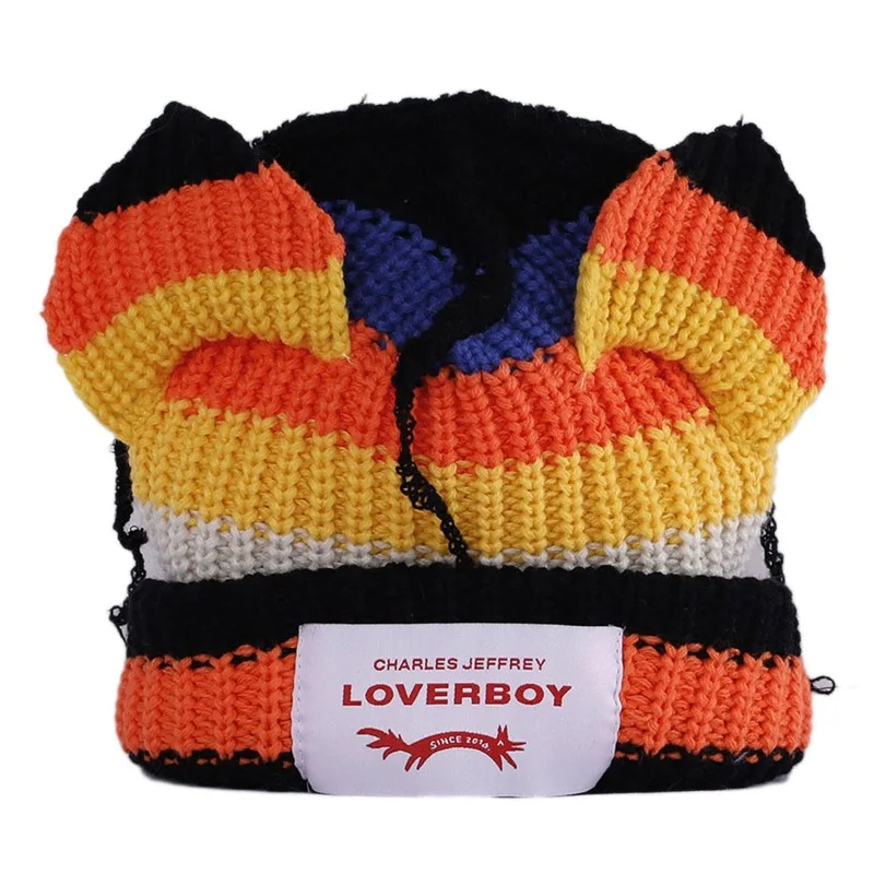 Loverboy Cat Ear Knitted Hat Autumn and winter Double-layer Warm Hip Hop Cute Fashion Patch Hooded Cap Niche Personality ColdHat