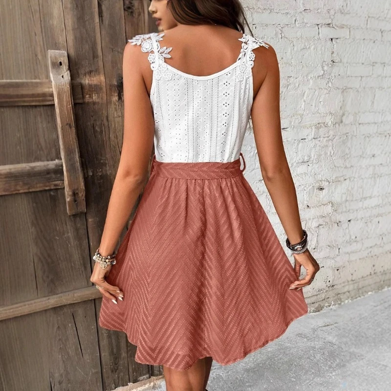ฤดูร้อนผู้หญิง V คอ Two-Tone ชุด Cinched เอว Slim-Fit ชุดลูกไม้กลวง SHEER Casual Beach Holiday Dresses