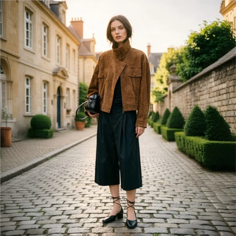 Luxury Goatskin Suede Jacket Unisex Loose Short Trench Coat High Collar Utility Pockets Casual Outwear