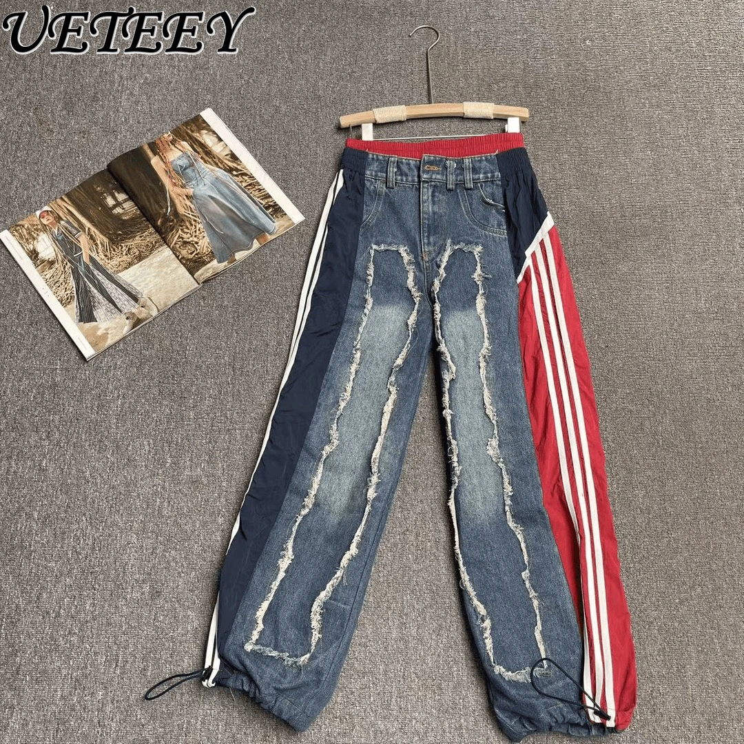 European Original Personality Splicing Jeans Spring and Summer New Elastic High Waist Washed Denim Straight Pants for Women