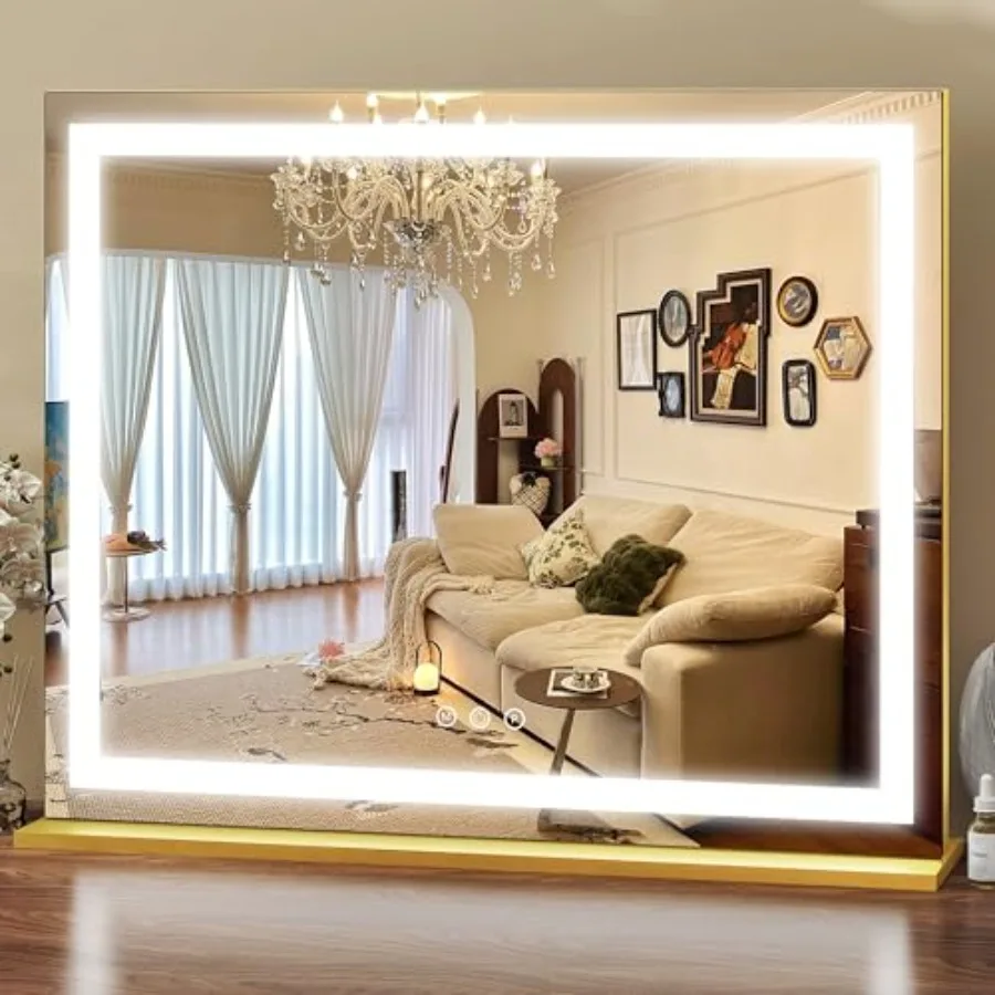 

Gold Vanity Mirror with Lights 23x18 Inch 3-Color Dimmable LED and Touch Control - Large Makeup Mirror for Dressing Room Wall/T