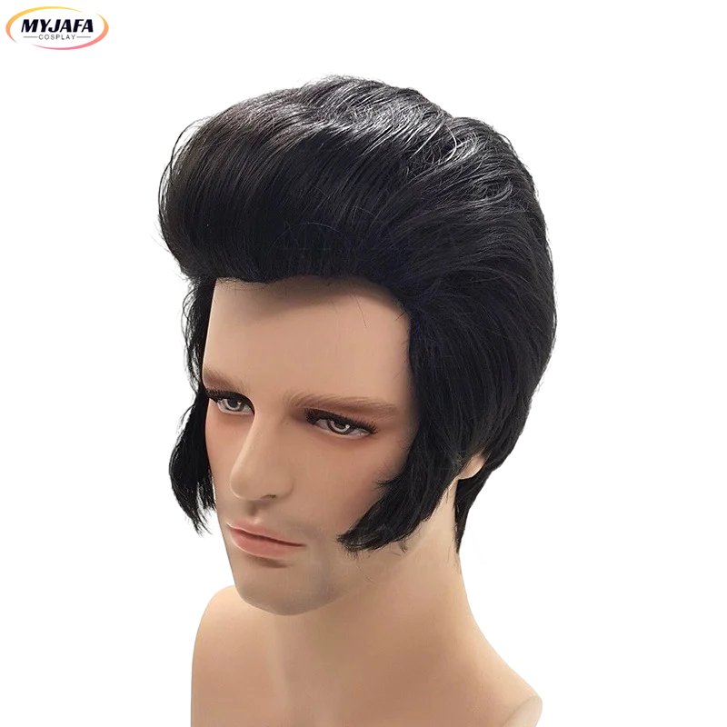 

High Quality Men's Rock singers Presley Cosplay Wig Party Superstar Heat Resistant Black Synthetic Party Hair wig + Wig Cap