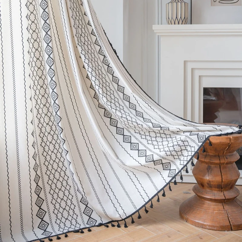 Curtains for Living Room Finished Cotton Linen Kitchen Curtains Bohemian Style Black and White Print Bay Window Valance