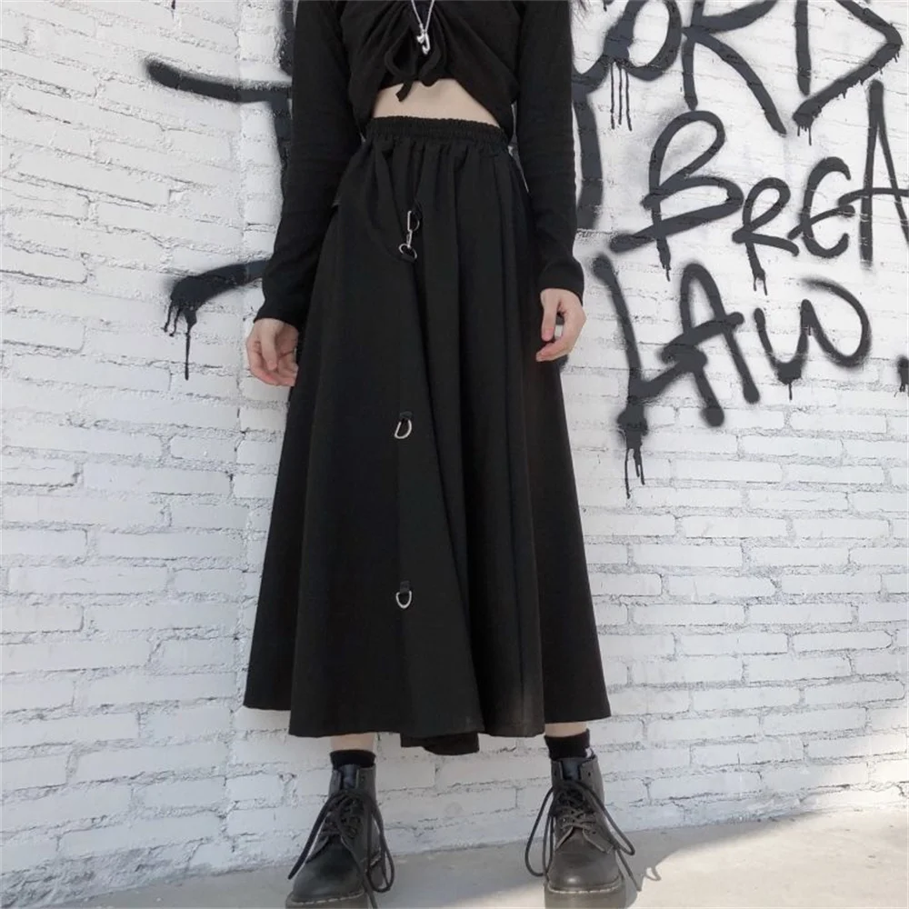 High Waist Black Long Skirt Pants Wide Leg Trousers Elastic Waist Drawstring Streetwear Gothic Punk Bottoms Fashion Casual Wear