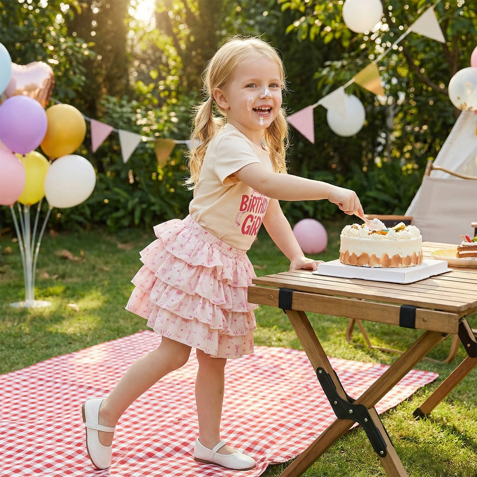 

Little Girls 2 Piece Outfits Adorable Bow Letter Print Short Sleeve Crew Neck Tops and Tiered Skirt Set