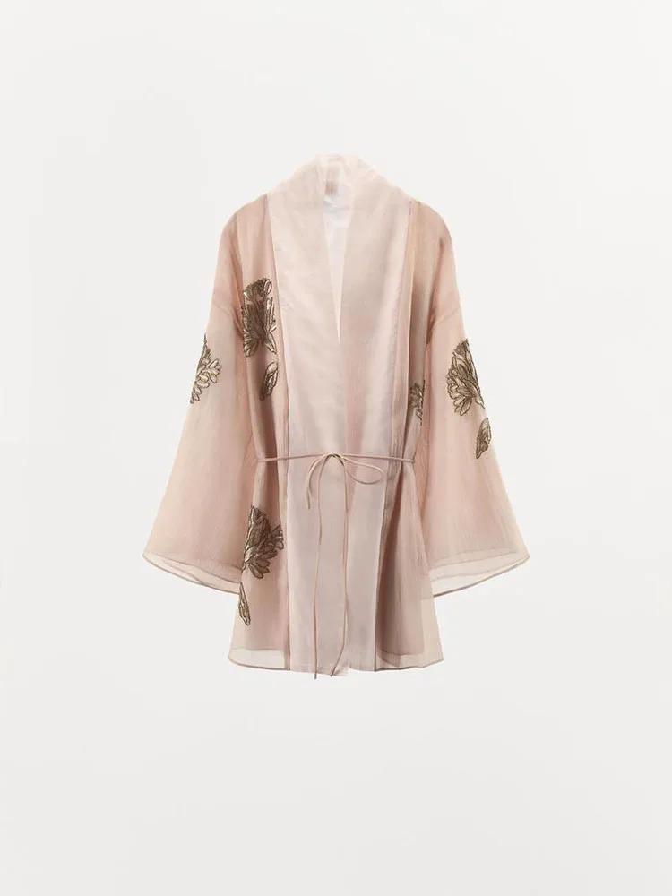 Faionable Silk Blend Kimono Sle Outerwear for Women Autumn New Arrival Beaded Decorated Ele Personali