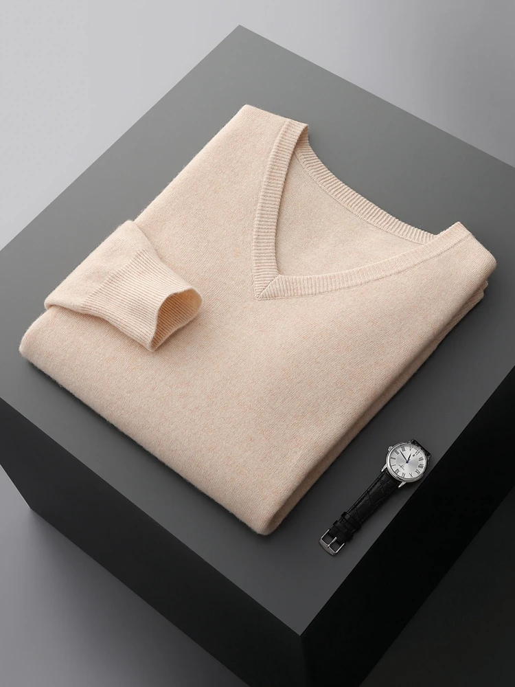 New Autumn Man V-Neck Solid Color Long Sleeve Pullover 100% Merino Wool Knitwear Sweater High End Commerce Simple Style Tops