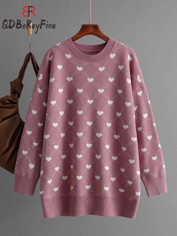 Women\'s Oversized Long Sweater Autumn Office Pink Heart Printed Knitted Jumper Long Sleeve Tops Pullover Winter Sweaters Woman