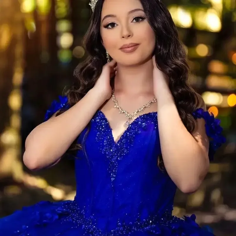 ROYAL BLUE Ball Gown ลูกปัดปิดไหล่ Quinceanera ชุด Tull PARTY วันเกิดรัดตัวหวาน Vestidos De 15 Anos ที่กําหนดเอง