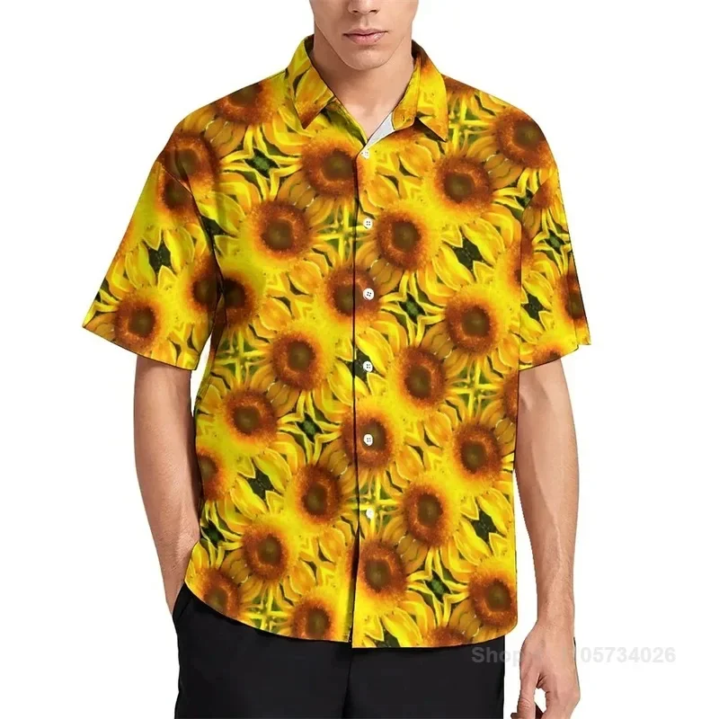 3D Printed Sunflower Plant Blouses Purple Flower Graphic Beach Shirts For Men Clothes Vacation Y2k Short Sleeve Boy BTee