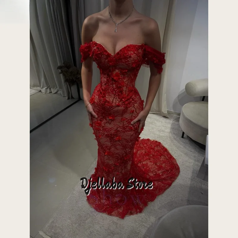 Vestidos de noche de encaje rojo sin tirantes, sexy, con cuello en V y hombros descubiertos, tren de encaje floral, vestido de fiesta de sirena, vestidos formales personalizados