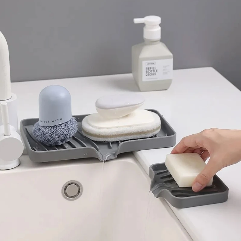 Self Draining Soap Bar Holder Bathroom Silicone Soap Dish Tray Kitchen Countertop Sink Splash Drying Mat Sponge Drain Pad Rack