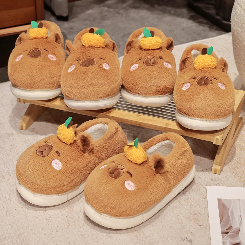 37-44 Cute Cartoon Capybara Cotton Slippers Full Wrap Heel Home Soft Non-slip Warm Breathable Indoor Plush Shoes Couple Slippers