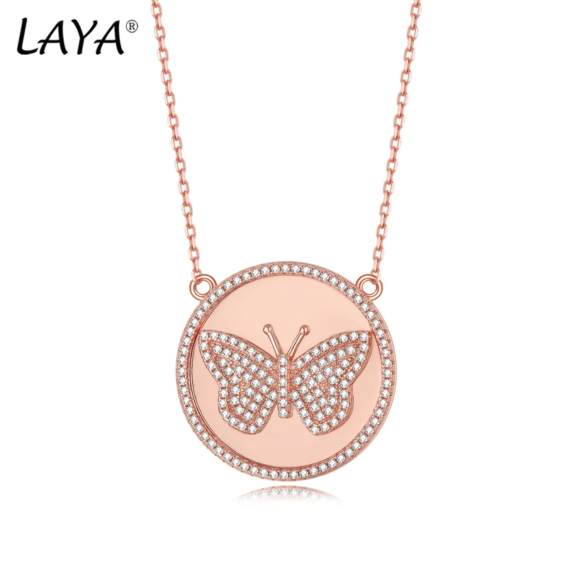 LAYA 100% 925 Sterling Silver Butterfly Unique Design Plain Silver Shining Zircon Round Necklace For Women Original Jewelry