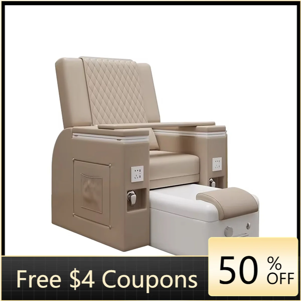 Khaki Diamond Quilted PU Massage Chair, Electric Reclining Salon Sofa Chair with Side Storage Pocket & Socket for Beauty SPA Sho