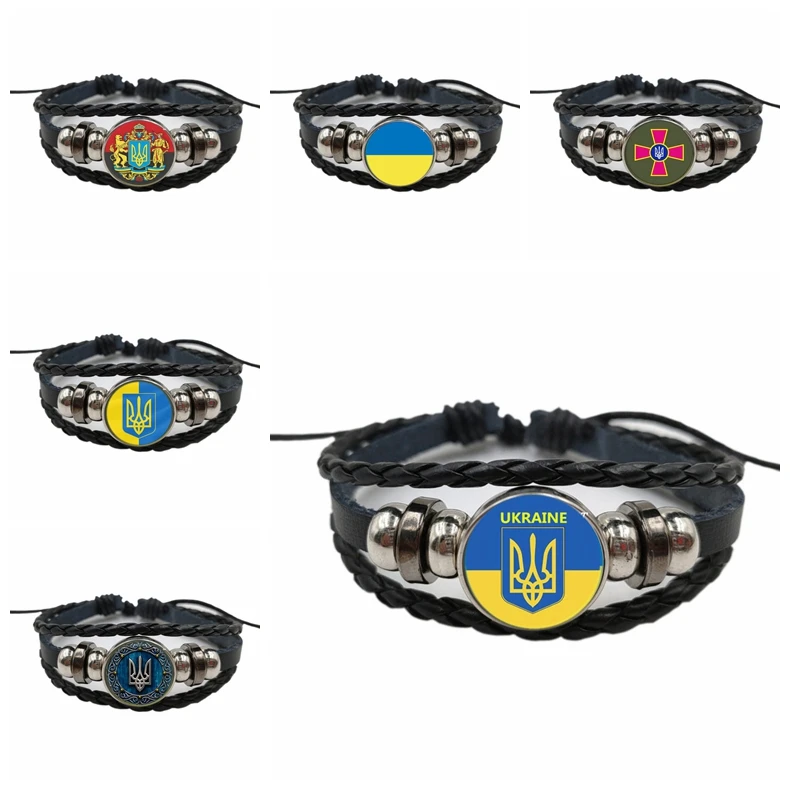 Popular Jewelry Glass Pendant Leather Bracelet Ukrainian Flag Beaded Leather Bracelet Unisex Gifts