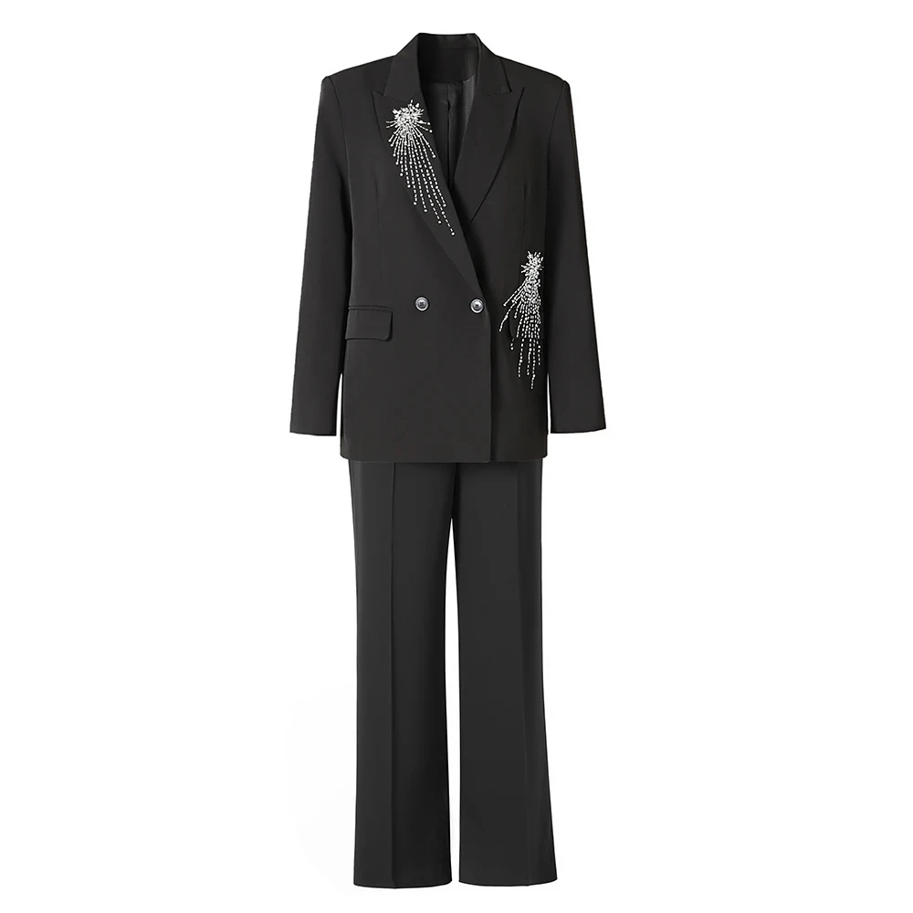 

Runway Design European White Diamonds Beadings Black 2PCS Blazer Suits Luxury Street Two Pieces Pants Sets