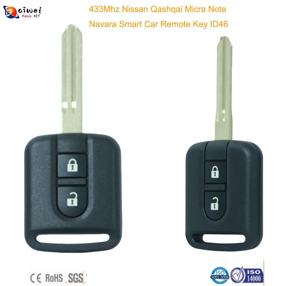 Nissan Replacement Auto Remote Car Key 2 Buttons Keyless Entry Fob 433Mhz ID46 Elgrand X-TRAIL Qashqai Navara Micra